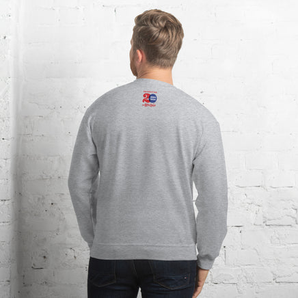 photo of the back of a man wearing grey unisex crewneck sweatshirt with the red seat building character design of the boston red sox fenway park.