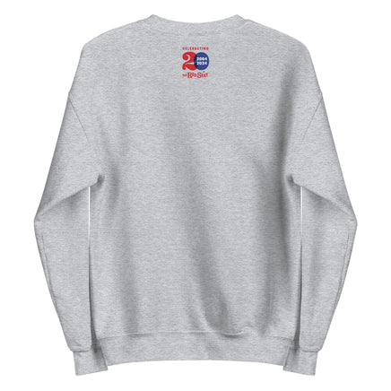 photo of the back of a grey unisex crewneck sweatshirt with the red seat building character design of the boston red sox fenway park.