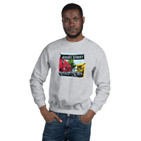 photo of man wearing light grey unisex crewneck sweatshirt with boston red sox fenway park jersey street gate a design with blocks of color