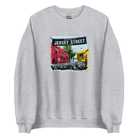 photo of light grey unisex crewneck sweatshirt with boston red sox fenway park jersey street gate a design with blocks of color