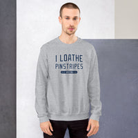 photo of man wearing I Loathe Pinstripes-The Red Seat grey sweatshirt with boston red sox world series wins