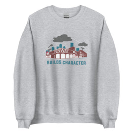 photo of grey unisex crewneck sweatshirt with the red seat building character design of the boston red sox fenway park.