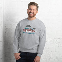 photo of man wearing grey unisex crewneck sweatshirt with the red seat building character design of the boston red sox fenway park.