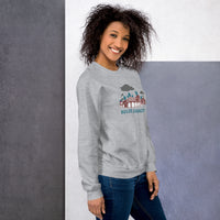 photo of woman wearing grey unisex crewneck sweatshirt with the red seat building character design of the boston red sox fenway park.