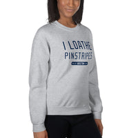photo of woman wearing I Loathe Pinstripes-The Red Seat grey sweatshirt with boston red sox world series wins