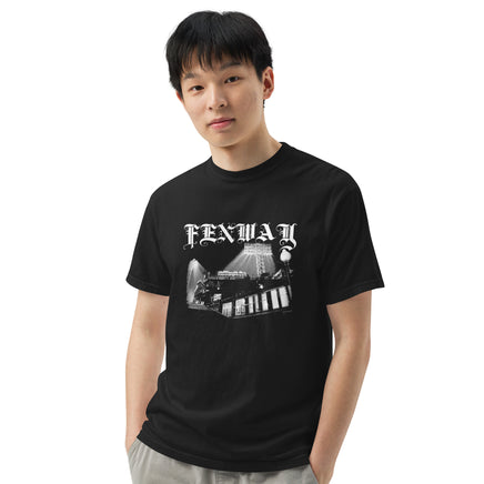 Model wearing the Fenway Gothic tee in black, front view