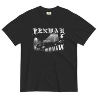 Fenway Gothic Comfort Colors tee in black, flat front view: Fenway Park at night under the light towers with FENWAY in gothic blackletter