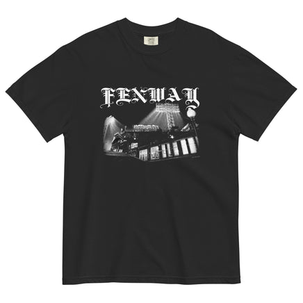 Fenway Gothic Comfort Colors tee in black, flat front view: Fenway Park at night under the light towers with FENWAY in gothic blackletter