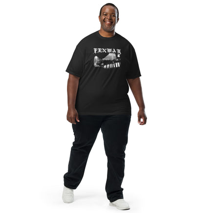 Man wearing the Fenway Gothic tee in black, full length