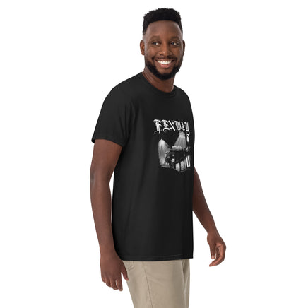 Man wearing the Fenway Gothic Fenway Park tee, side angle