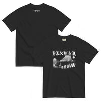 Fenway Gothic tee front and back: Fenway Park night photo and blackletter FENWAY on the front, The Red Seat logo on the back