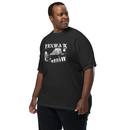 Man wearing the Fenway Gothic Comfort Colors tee, angled view