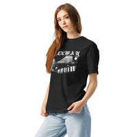 Woman wearing the Fenway Gothic Boston baseball tee, angled view