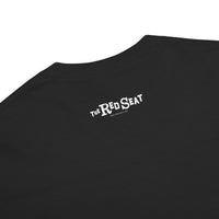 Close-up of The Red Seat logo printed on the upper back of the Fenway Gothic tee