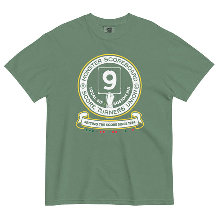 Front of light green Comfort Colors T-shirt with Monster Scoreboard Turners Union graphic