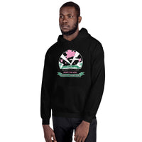 man wearing black unisex hoodie with 2004 boston red sox world series champion design with pigs flying over fenway park at night