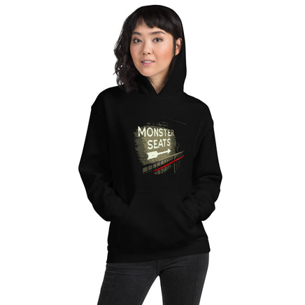 photo of woman wearing Monster Seats The Red Seat Design with the words Monster Seats painted on a wall fenway park boston black hoodie sweatshirt