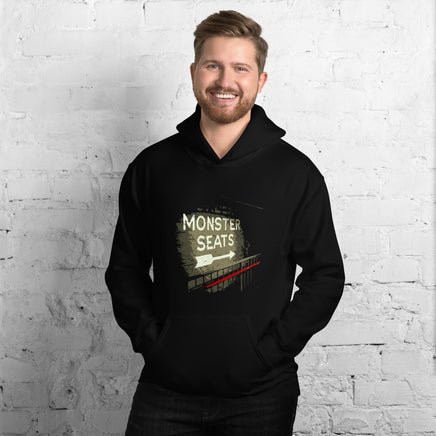 photo of man wearing Monster Seats The Red Seat Design with the words Monster Seats painted on a wall fenway park boston black hoodie sweatshirt