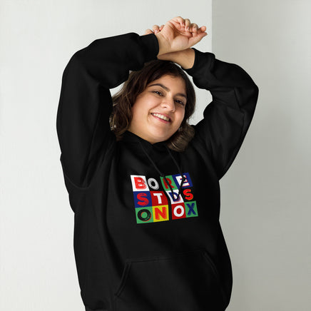 photo of woman wearing BORESTDSONOX in color blocks boston red sox the red seat black hoodie