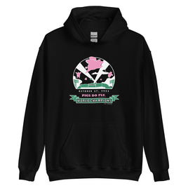 black unisex hoodie with 2004 boston red sox world series champion design with pigs flying over fenway park at night