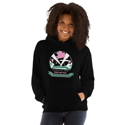 woman wearing black unisex hoodie with 2004 boston red sox world series champion design with pigs flying over fenway park at night