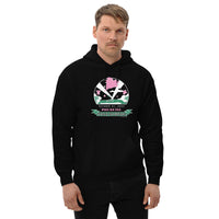 man wearing black unisex hoodie with 2004 boston red sox world series champion design with pigs flying over fenway park at night