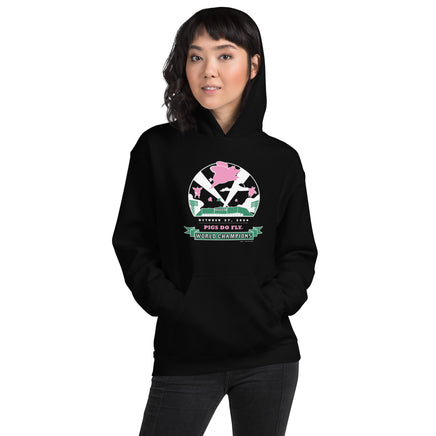 woman wearing black unisex hoodie with 2004 boston red sox world series champion design with pigs flying over fenway park at night