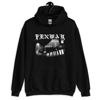 Fenway Gothic hoodie on a hanger, front view