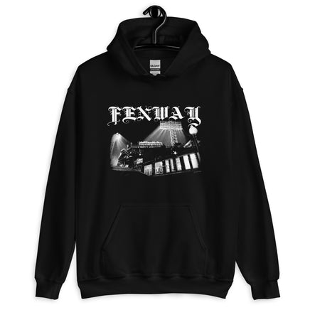 Fenway Gothic hoodie on a hanger, front view