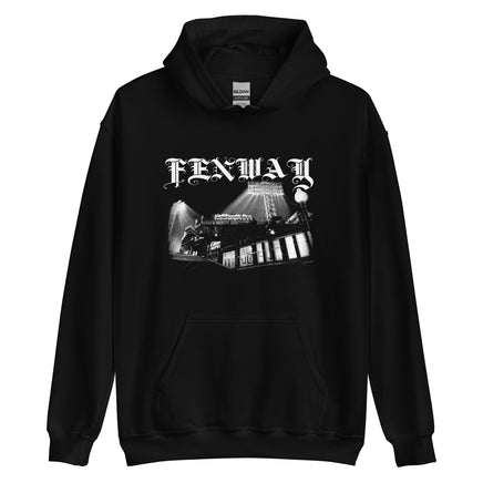 Fenway Gothic hoodie in black, flat front view: Fenway Park at night under the light towers with FENWAY in gothic blackletter