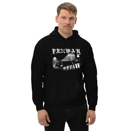 Man wearing the Fenway Gothic hoodie, front view