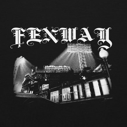 Close-up of the Fenway Gothic design on a black pullover hoodie