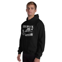 Man wearing the Fenway Gothic Fenway Park hoodie, angled view