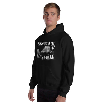 Man wearing the Fenway Gothic Fenway Park hoodie, angled view