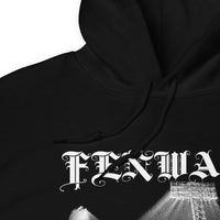 Close-up of the hood, drawcord and blackletter FENWAY print on the Fenway Gothic hoodie