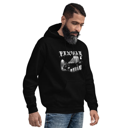 Man wearing the Fenway Gothic hoodie, angled right