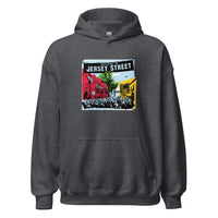 photo of dark grey unisex hoodie sweatshirt with boston red sox fenway park jersey street gate a design with blocks of color