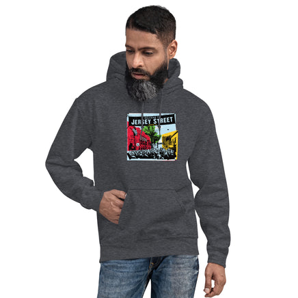 photo of man wearing dark grey unisex hoodie sweatshirt with boston red sox fenway park jersey street gate a design with blocks of color