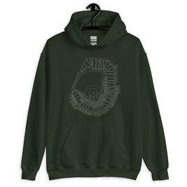 dark green unisex hoodie sweatshirt with outline of fenway park and the red seat in red