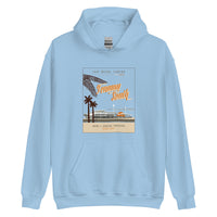 light blue hoodie with Mid Century modern design of JetBlue Park in Fort Myers at Sunset. Red Sox Spring Training.