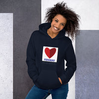 woman wearing Navy unisex hoodie with the boston fenway citgo sign in the shape of a heart