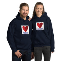 couple wearing Navy unisex hoodie with the boston fenway citgo sign in the shape of a heart