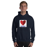 man wearing Navy unisex hoodie with the boston fenway citgo sign in the shape of a heart