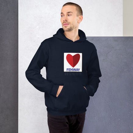 man wearing Navy unisex hoodie with the boston fenway citgo sign in the shape of a heart