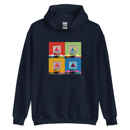 Navy blue hoodie sweatshirt with boston citgo sign design in colorful 4 up grid in the style of andy warhol