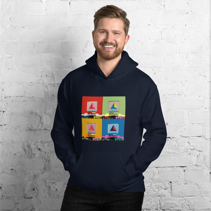 photo of man wearing Navy blue hoodie sweatshirt with boston citgo sign design in colorful 4 up grid in the style of andy warhol
