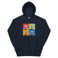 Navy blue hoodie sweatshirt with boston citgo sign design in colorful 4 up grid in the style of andy warhol