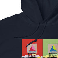 close up view of Navy blue hoodie sweatshirt with boston citgo sign design in colorful 4 up grid in the style of andy warhol