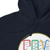 Boston MBTA design as Red Sox stops using the word Sox, close up photo on navy hoodie sweatshirt