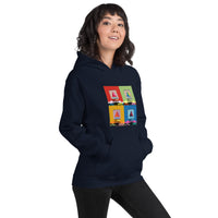 photo of woman wearing Navy blue hoodie sweatshirt with boston citgo sign design in colorful 4 up grid in the style of andy warhol